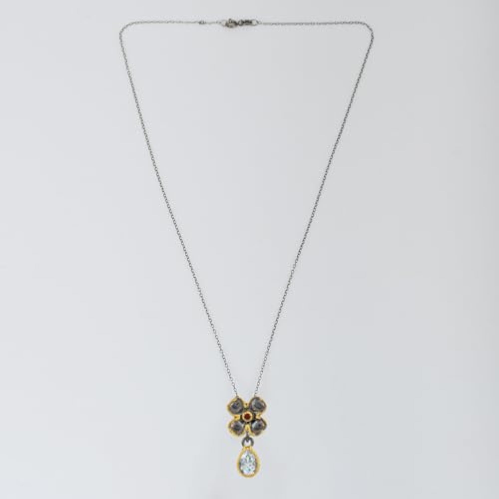 Women's Blue Topaz & Garnet Flower Pendant Necklace